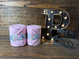 Light Pink Polo Wraps with Spring Plaid Trim - Horse Sized - Pair of 2