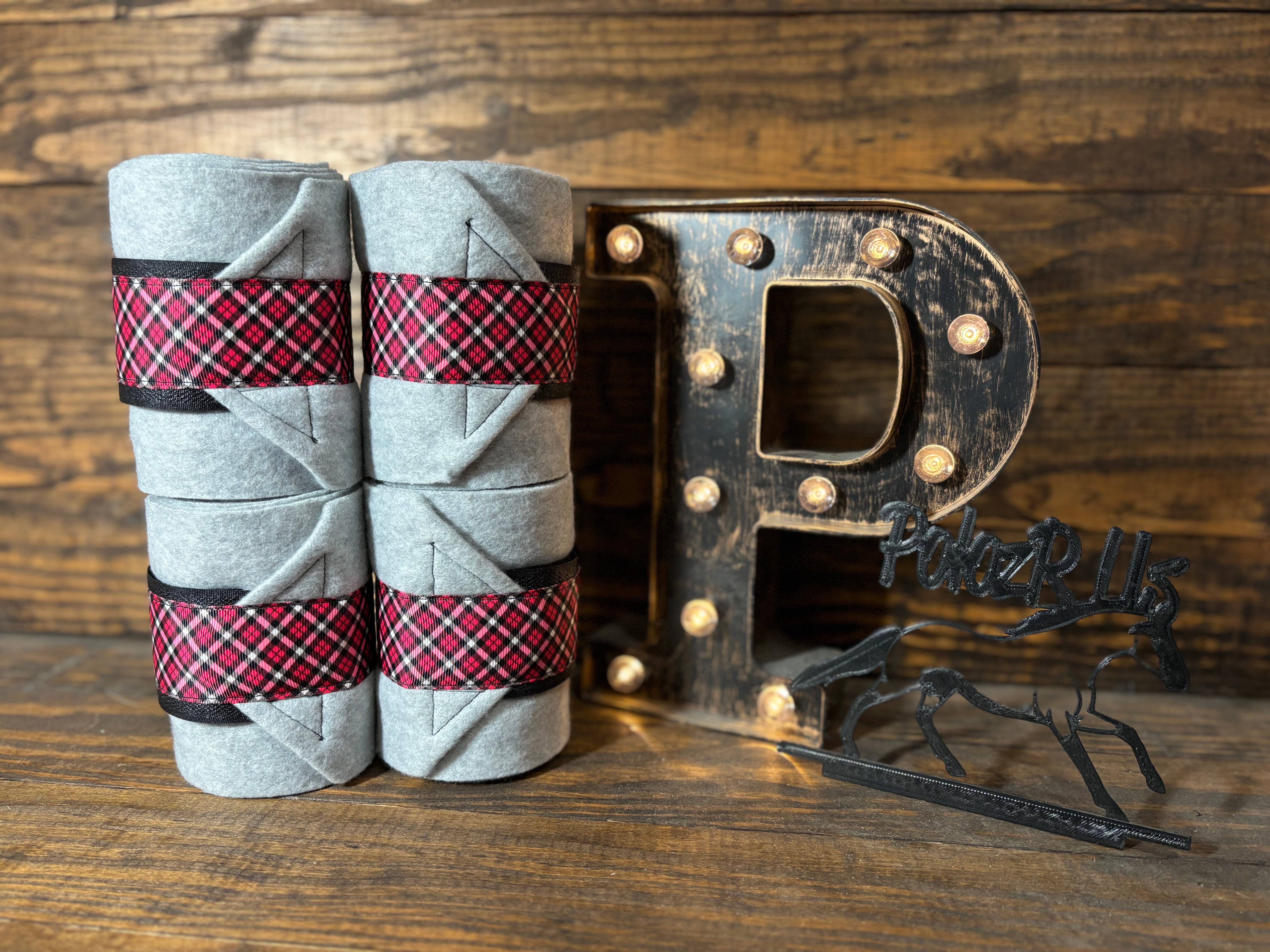 Light Grey Polo Wraps with Pink Plaid Trim - Horse Sized - Set of 4