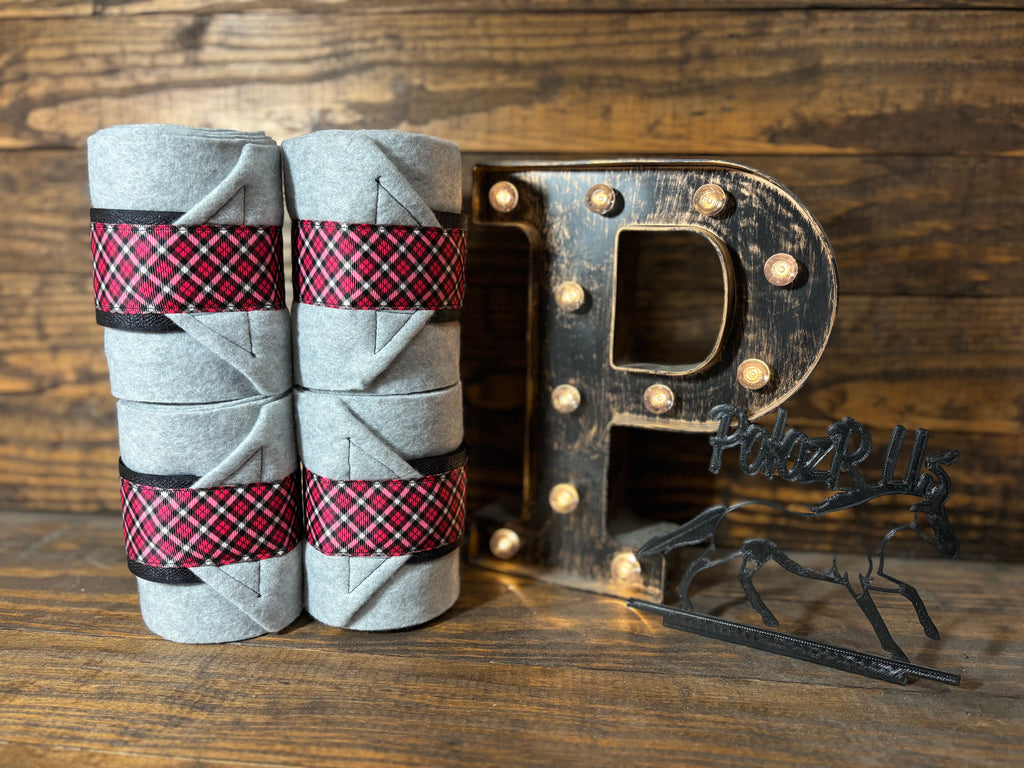 Light Grey Polo Wraps with Pink Plaid Trim - Horse Sized - Set of 4