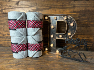 Light Grey Polo Wraps with Pink Plaid Trim - Horse Sized - Set of 4