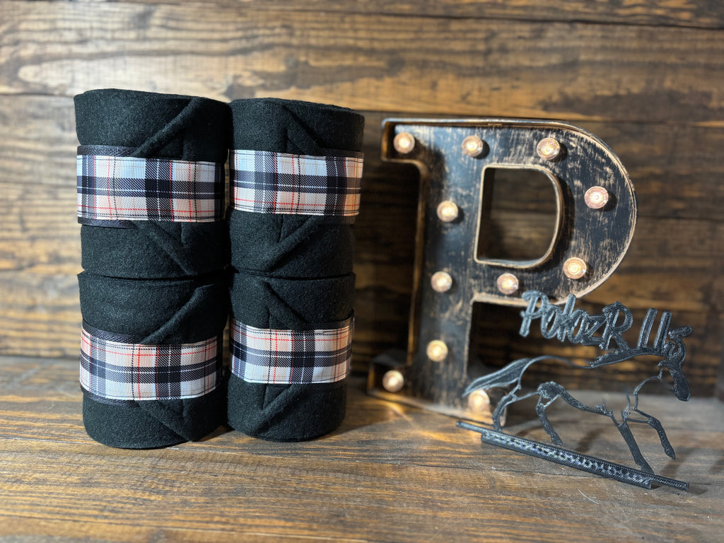 Black Polo Wraps with Burberry Plaid Trim - Horse Sized - Set of 4