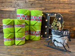 Lime Green Polo Wraps with Striped Rose Trim - Horse & Mini Sizes - Set of 4
