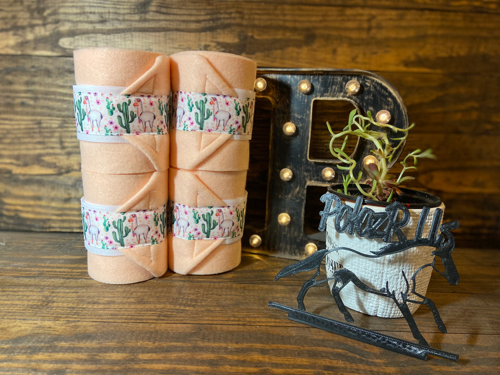 Peach Polo Wraps with Llama Cactus Trim - Horse Sized - Set of 4