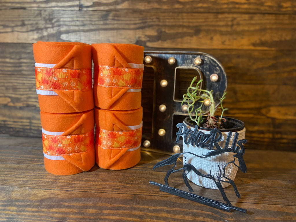 Orange Polo Wraps with Autumn Leaves Trim - Horse Sized - Set of 4