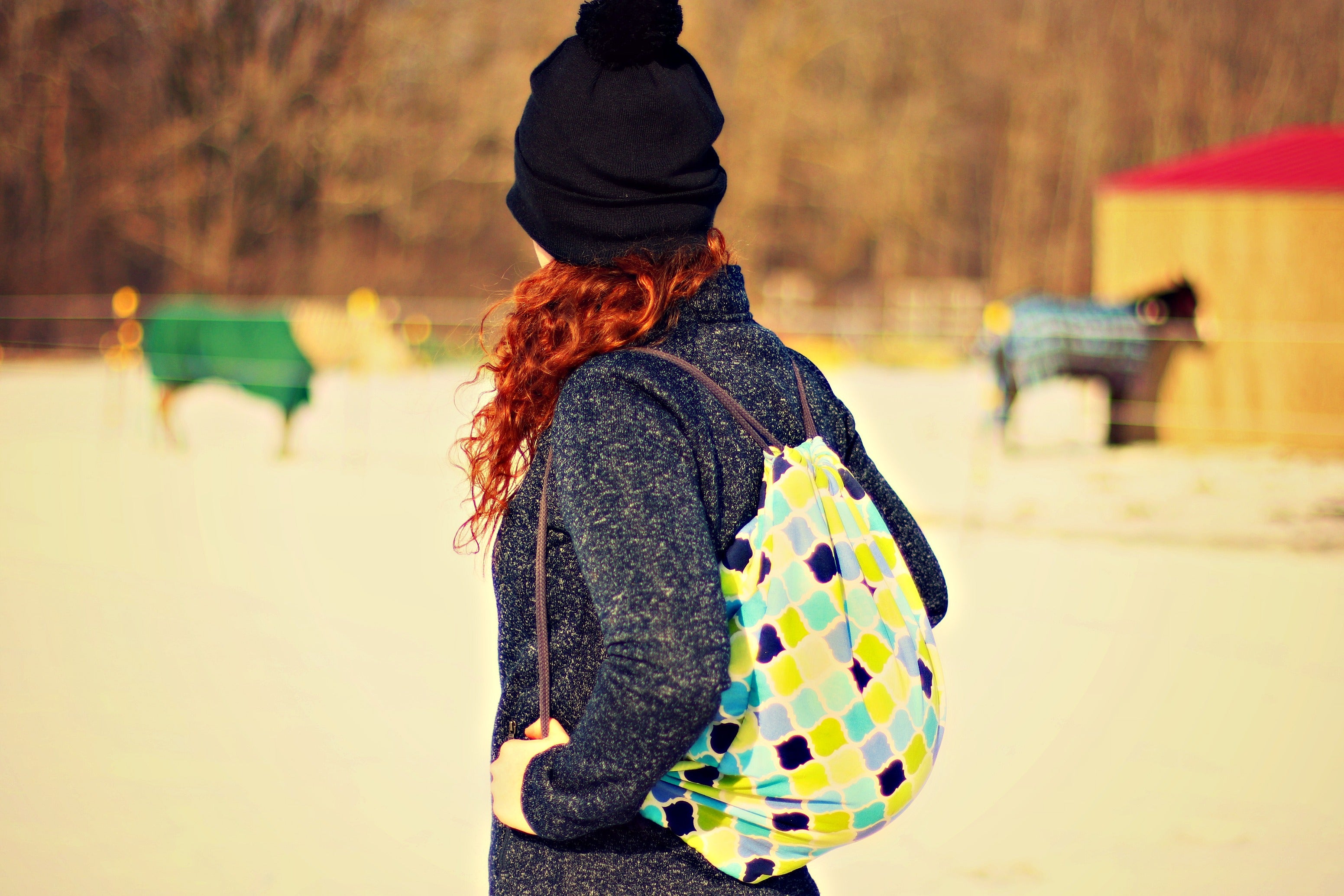 Blue & Teal Plaid Drawstring Helmet Bag