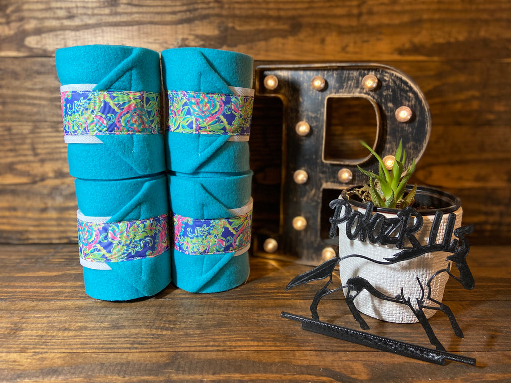 Turquoise Polo Wraps with Floral Ribbon Trim - Horse Sized - Set of 4