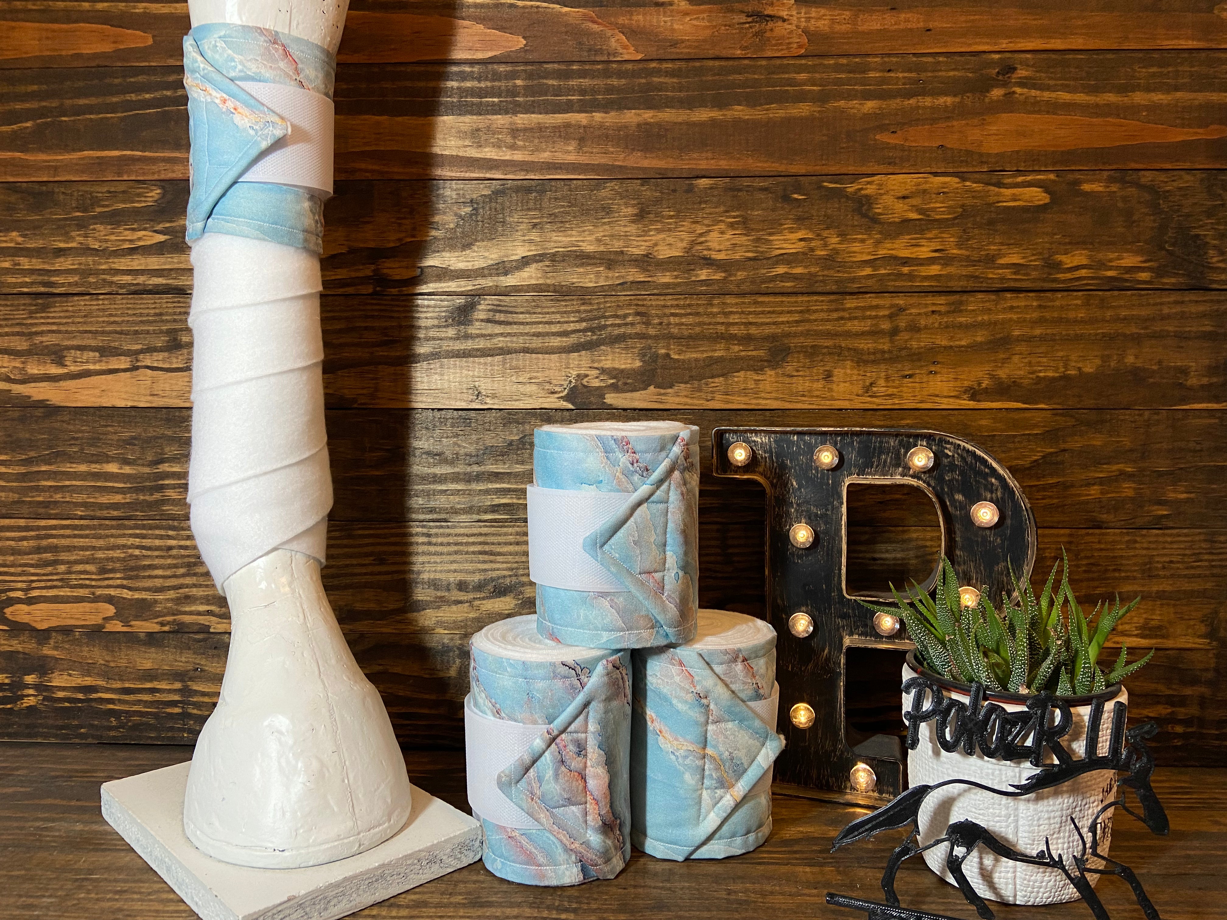 White Polo Wraps with Light Blue & Gold Marble Accent - Horse Sized - Set of 4