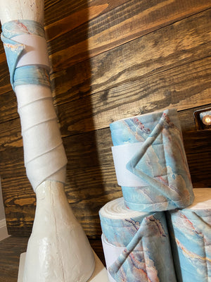 White Polo Wraps with Light Blue & Gold Marble Accent - Horse Sized - Set of 4