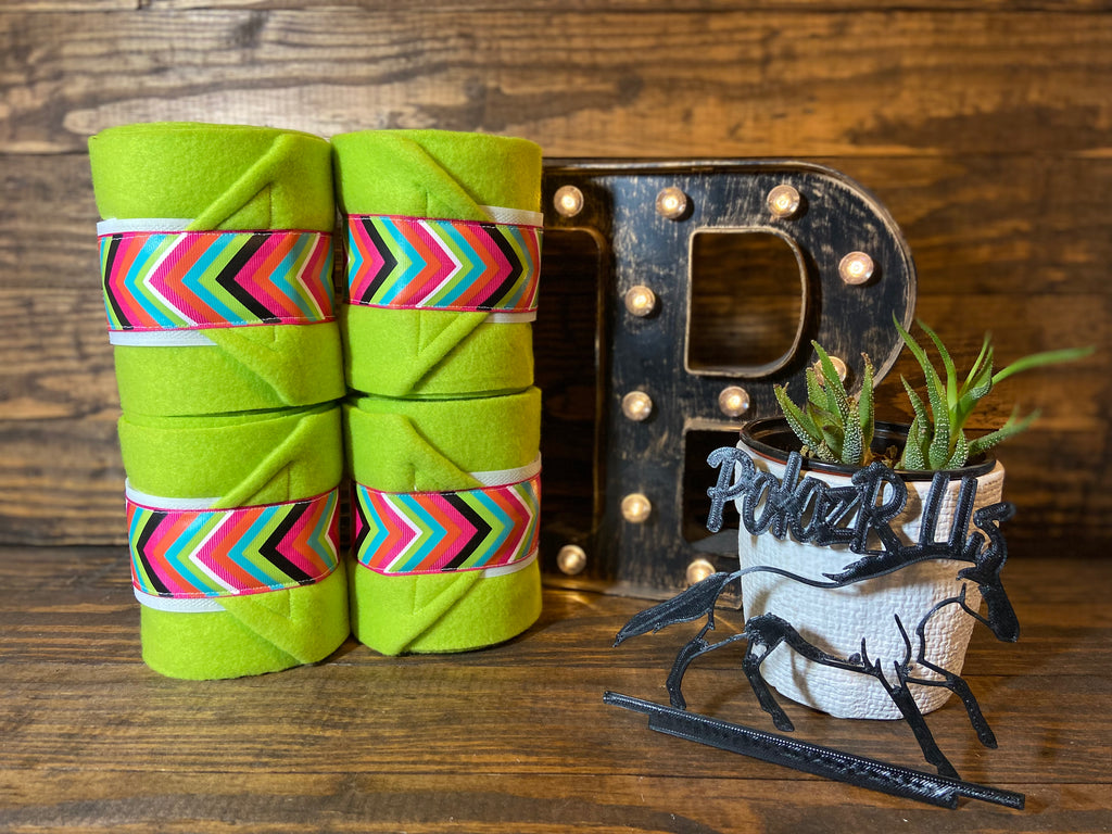 Lime Green Polo Wraps with Multi-Arrow Trim - Horse Sized - Set of 4