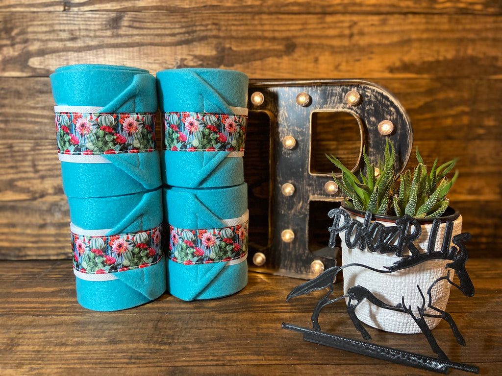 Turquoise Polo Wraps with Baja Cactus Floral Trim - Horse Sized - Set of 4