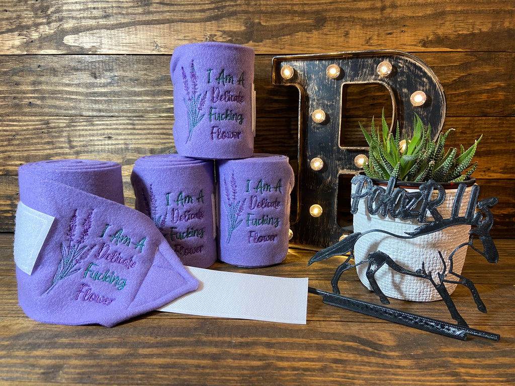 Lavender Polo Wraps with “I am a Delicate F*ing Flower” Embroidery - Horse Sized - Set of 4